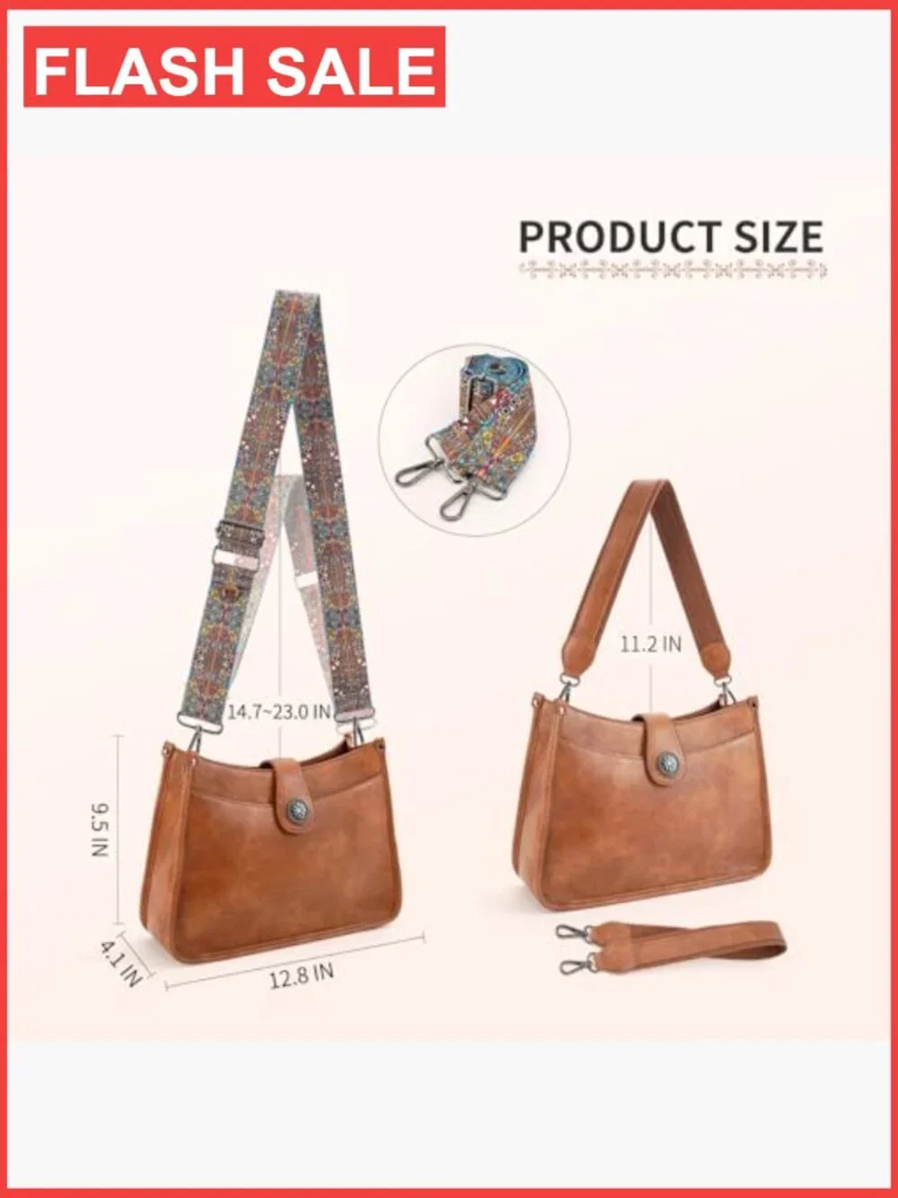 Vegan Leather Hobo Crossbody Bag with 2 Straps